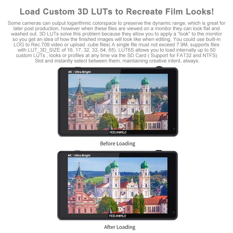 FEELWORLD LUT6S 1920x1080 2600 nit Schermo IPS da 6 pollici HDMI Touch Screen 4K SDI Monitor da campo per fotocamera HDI, LUT6S