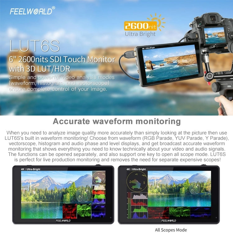 FEELWORLD LUT6S 1920x1080 2600 nit Schermo IPS da 6 pollici HDMI Touch Screen 4K SDI Monitor da campo per fotocamera HDI, LUT6S