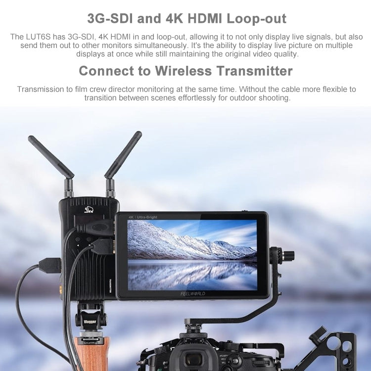 FEELWORLD LUT6S 1920x1080 2600 nit Schermo IPS da 6 pollici HDMI Touch Screen 4K SDI Monitor da campo per fotocamera HDI, LUT6S