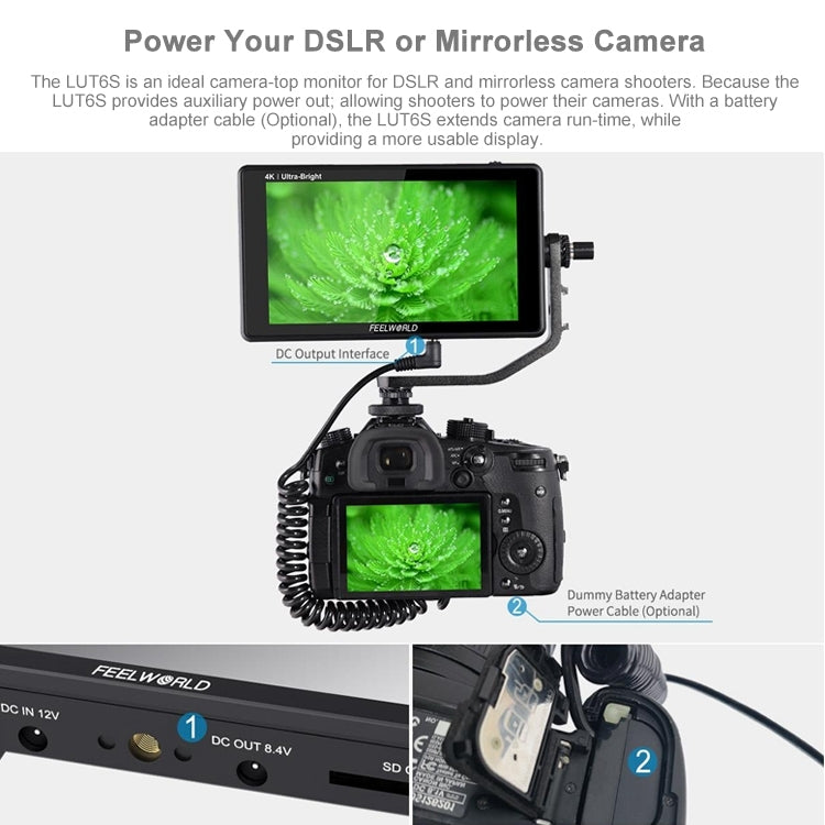 FEELWORLD LUT6S 1920x1080 2600 nit Schermo IPS da 6 pollici HDMI Touch Screen 4K SDI Monitor da campo per fotocamera HDI, LUT6S