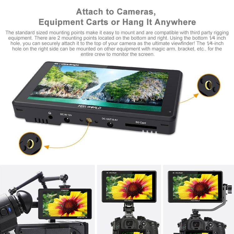 FEELWORLD LUT6S 1920x1080 2600 nit Schermo IPS da 6 pollici HDMI Touch Screen 4K SDI Monitor da campo per fotocamera HDI, LUT6S