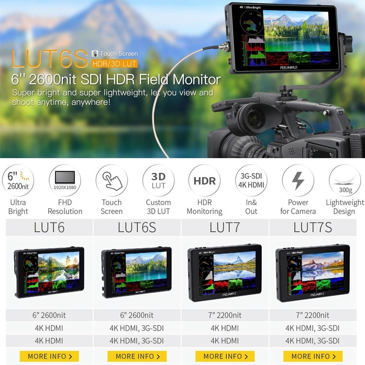 FEELWORLD LUT6S 1920x1080 2600 nit Schermo IPS da 6 pollici HDMI Touch Screen 4K SDI Monitor da campo per fotocamera HDI, LUT6S