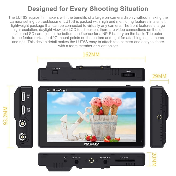 FEELWORLD LUT6S 1920x1080 2600 nit Schermo IPS da 6 pollici HDMI Touch Screen 4K SDI Monitor da campo per fotocamera HDI, LUT6S
