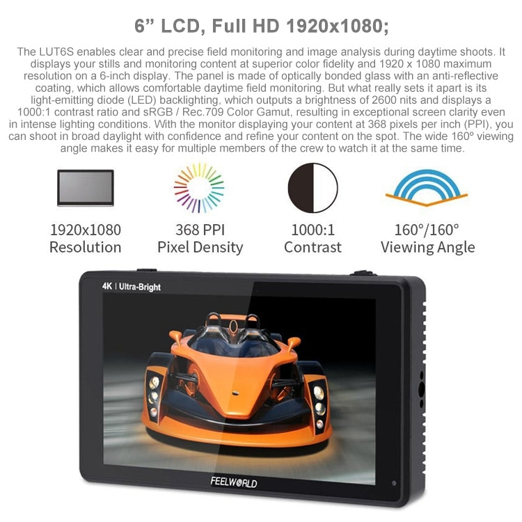 FEELWORLD LUT6S 1920x1080 2600 nit Schermo IPS da 6 pollici HDMI Touch Screen 4K SDI Monitor da campo per fotocamera HDI, LUT6S