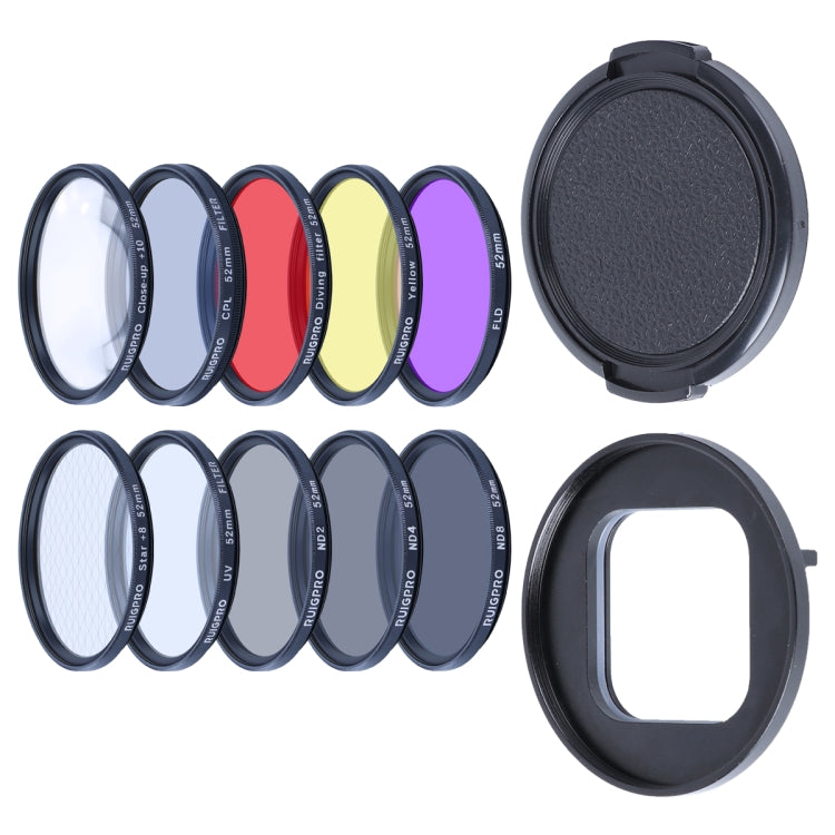 RUIGPRO per GoPro HERO10 Black / HERO9 Black Professional 52mm 52mm 10 in 1 UV+ND2+ND4+ND8+Star 8+ +CPL+Giallo/Rosso/Viola+10X Filtro per obiettivo ravvicinato con anello adattatore filtro e copriobiettivo