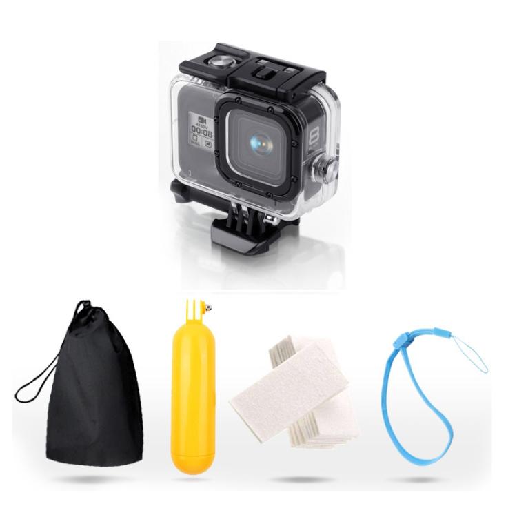 Per GoPro HERO8 Black Custodia protettiva impermeabile da 45 m con fibbia, supporto di base, vite, impugnatura bobber galleggiante, cinturino e inserti antiappannamento, Transparent HERO8 Case