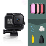 Per GoPro HERO8 Black Custodia protettiva impermeabile da 45 m con fibbia, supporto di base, viti, filtri (viola, rosso, rosa), impugnatura galleggiante, cinturino e inserti antiappannamento, Transparent HERO8 Case+Filters
