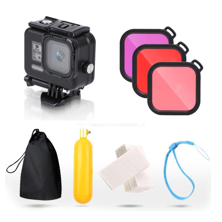 Per GoPro HERO8 Black Custodia protettiva impermeabile da 45 m con fibbia, supporto di base, viti, filtri (viola, rosso, rosa), impugnatura galleggiante, cinturino e inserti antiappannamento, Transparent HERO8 Case+Filters