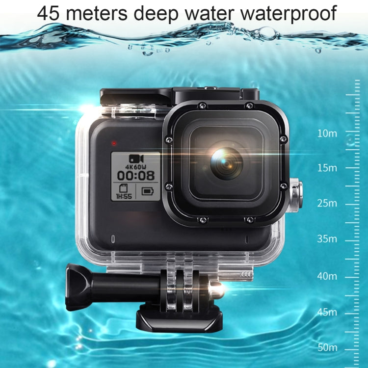 Per GoPro HERO8 Black Custodia protettiva impermeabile da 45 m con fibbia, supporto di base, viti, filtri (viola, rosso, rosa), impugnatura galleggiante, cinturino e inserti antiappannamento, Transparent HERO8 Case+Filters