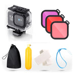 Per GoPro HERO8 Black Custodia protettiva impermeabile da 45 m con fibbia, supporto di base, viti, filtri (viola, rosso, rosa), impugnatura galleggiante, cinturino e inserti antiappannamento, Black HERO8 Case+Filters