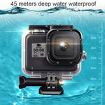 Per GoPro HERO8 Black Custodia protettiva impermeabile da 45 m con fibbia, supporto di base, viti, filtri (viola, rosso, rosa), impugnatura galleggiante, cinturino e inserti antiappannamento, Black HERO8 Case+Filters
