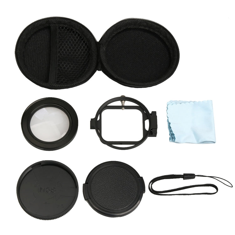 Per GoPro HERO5 Sport Action Camera Professional 58mm Obiettivo macro 16X Filtro ravvicinato con base per obiettivo e anello adattatore e cappuccio protettivo per obiettivo e cinturino anti-smarrimento e panno per la pulizia
