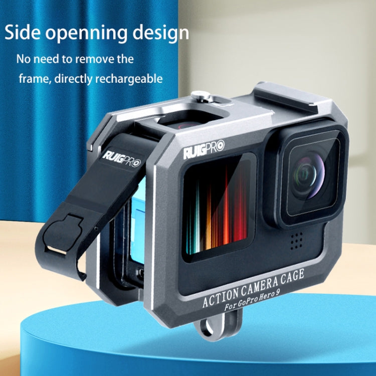 RUIGPRO per GoPro HERO10 Black / HERO9 Gabbia protettiva per montaggio su telaio con bordo in metallo nero e base doppia per scarpe fredde, Silver Grey