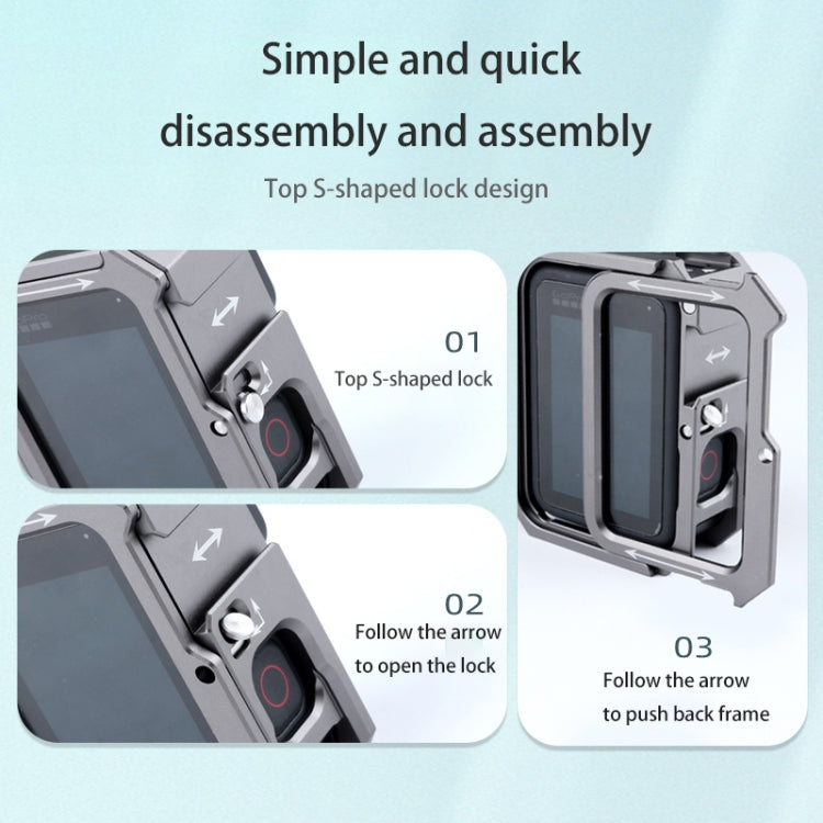 RUIGPRO per GoPro HERO10 Black / HERO9 Gabbia protettiva per montaggio su telaio con bordo in metallo nero e base doppia per scarpe fredde, Silver Grey