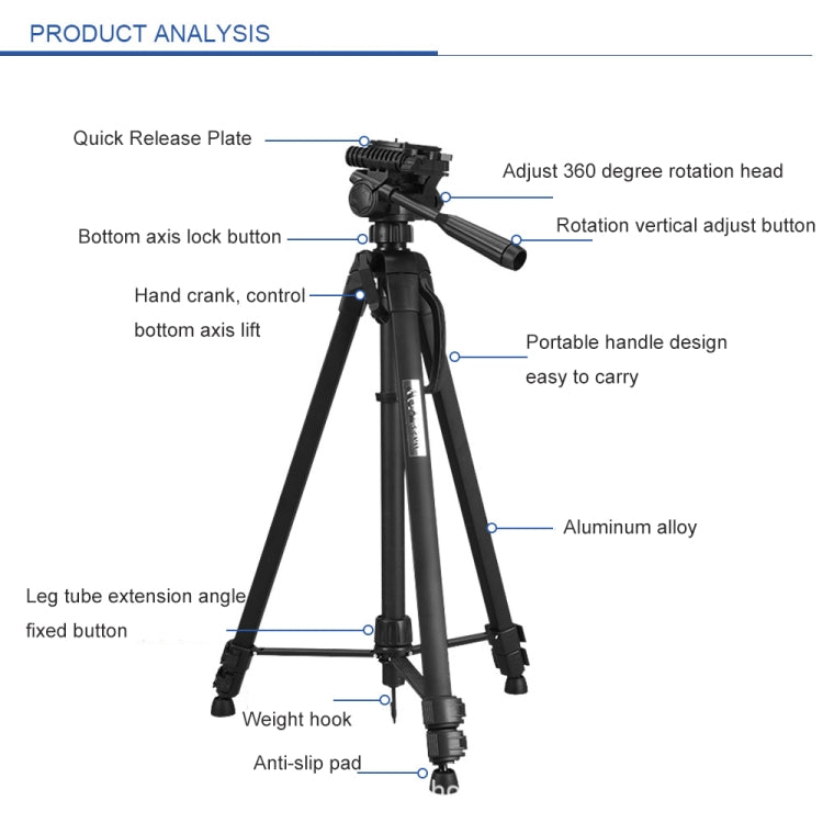 WeiFeng WT-3560 Gambe pieghevoli a 3 sezioni Supporto per treppiede in lega di alluminio per trasmissione dal vivo, WT-3560