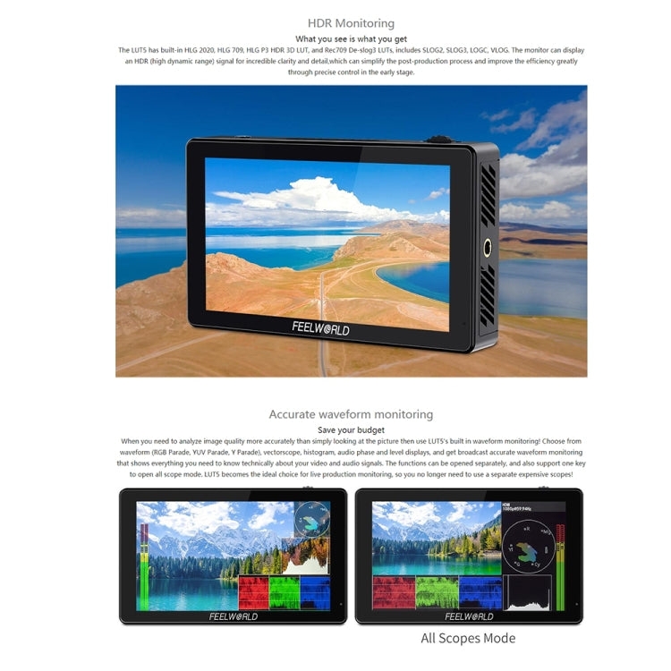 FEELWORLD LUT5 Monitor da campo per fotocamera DSLR con touch screen ultra luminoso da 5,5 pollici 3000nit, LUT5