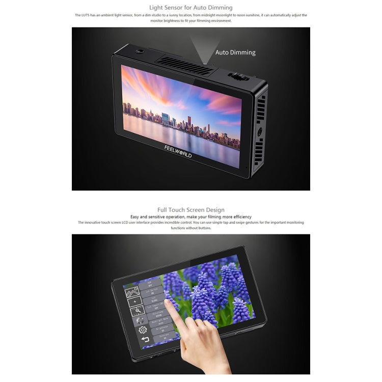 FEELWORLD LUT5 Monitor da campo per fotocamera DSLR con touch screen ultra luminoso da 5,5 pollici 3000nit, LUT5