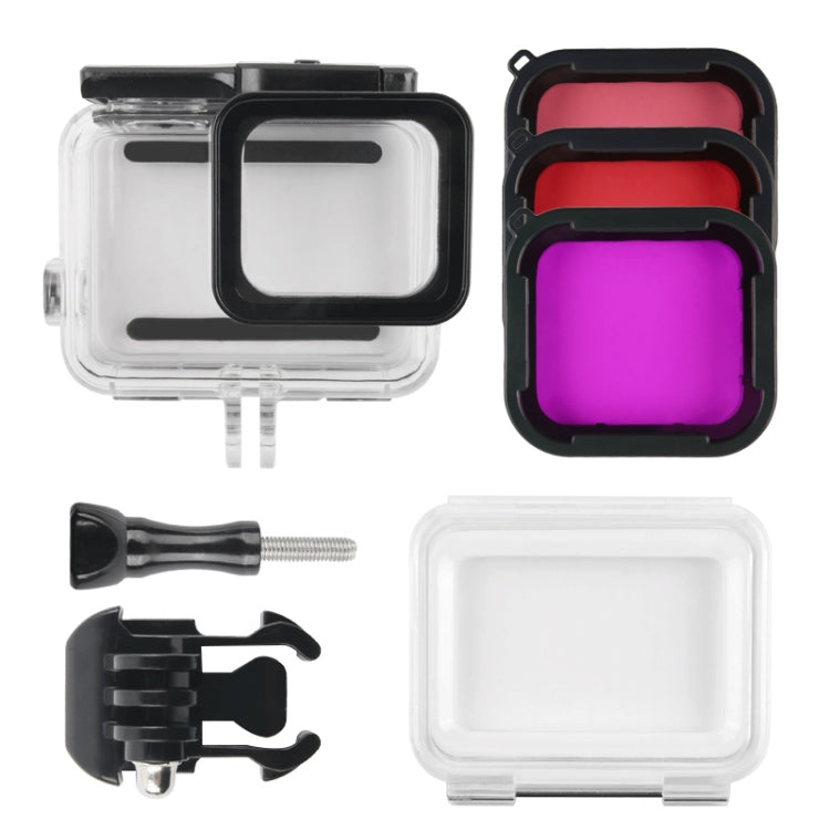 Custodia protettiva impermeabile da 45 m + cover posteriore touch screen per GoPro NEW HERO /HERO6 /5, con supporto base fibbia e vite e filtri (viola, rosso, rosa), non è necessario rimuovere l'obiettivo, Touch Screen + Filters (Transparent)          ...