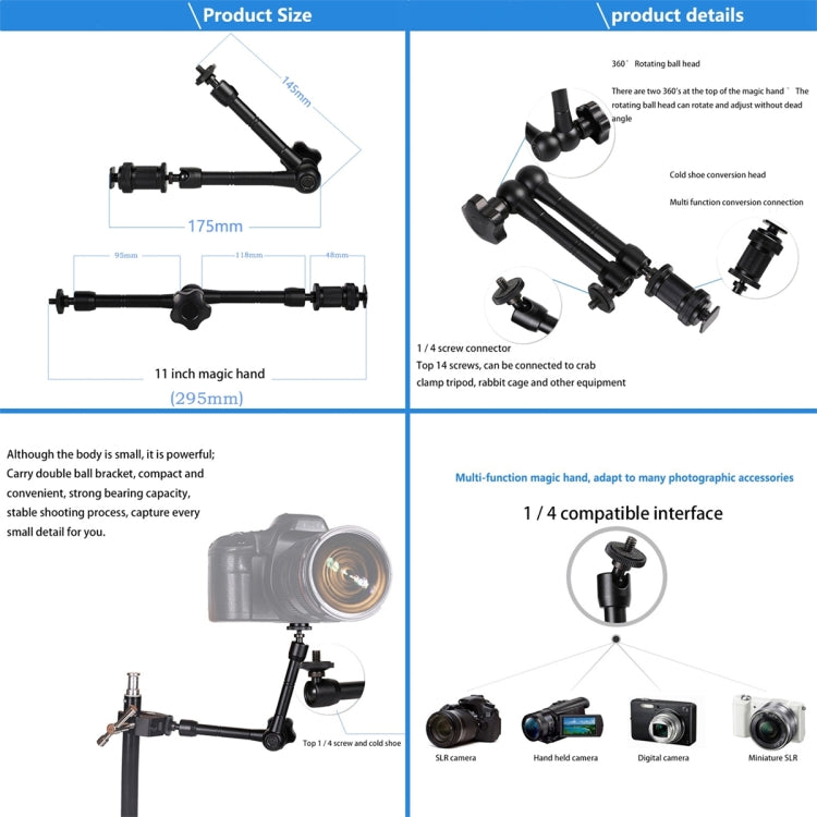 Braccio magico articolato con attrito regolabile da 11 pollici + grandi clip ad artiglio con morsetto per telefono, 11 inch Magic Arm + Claws Clips with Phone Clamp