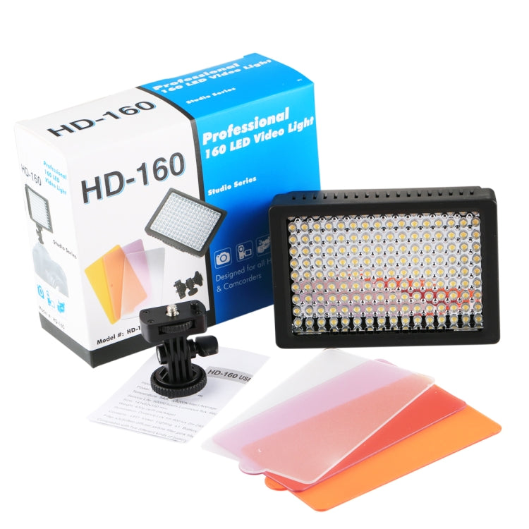 HD-160 Luce video LED a luce bianca Luce di riempimento per illuminazione fotografica sulla fotocamera per fotocamera Canon, Nikon, DSLR con 3 piastre filtro, HD-160