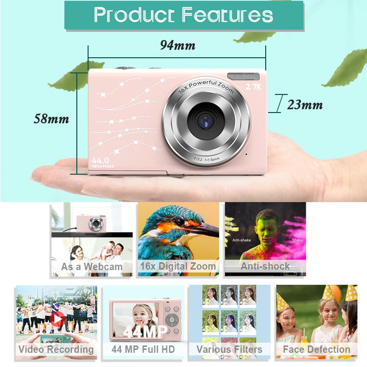 DC402 2.4 inch 44MP 16X Zoom 1080P Full HD Kids Digital Camera, EU Plug