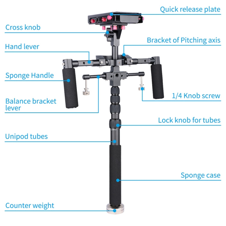 YELANGU S300 Rig multifunzionale 4 in 1 + Rig a spalla doppia portatile + Monopiede + Stabilizzatore per fotocamere/fotocamere reflex, intervallo di altezza: 63 cm-170 cm, YELANGU S300