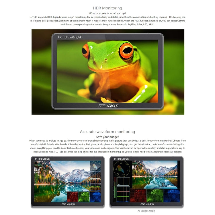 FEELWORLD LUT11S Monitor da campo per fotocamera DSLR touch screen ultra luminoso da 10,1 pollici 2000nit, pannello IPS 3G-SDI 4K HDMI Input Output 1920 x 1200, LUT11S