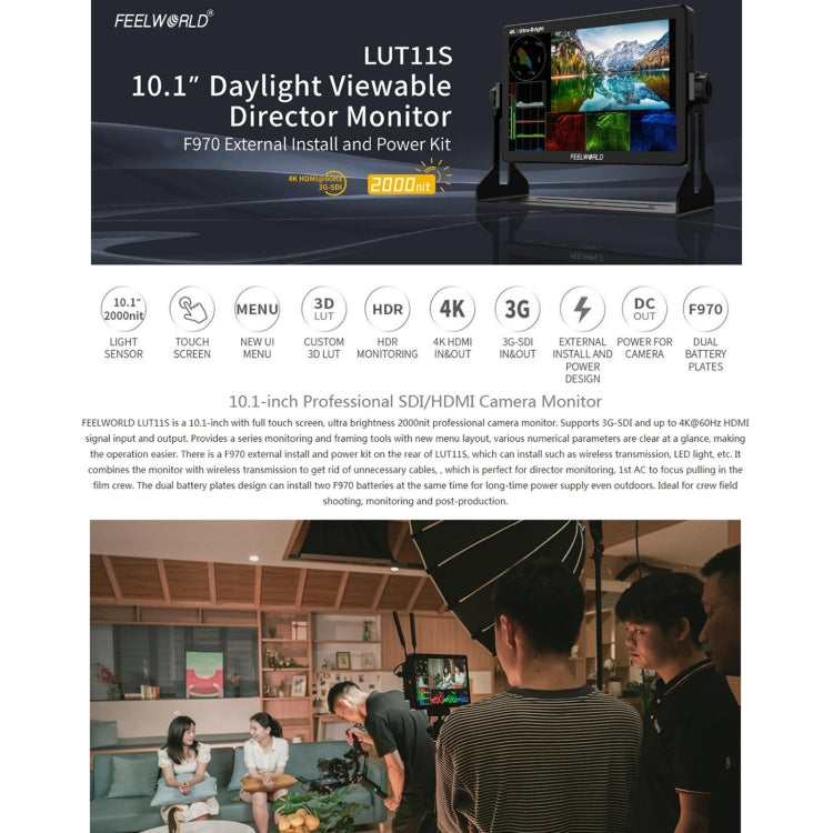 FEELWORLD LUT11S Monitor da campo per fotocamera DSLR touch screen ultra luminoso da 10,1 pollici 2000nit, pannello IPS 3G-SDI 4K HDMI Input Output 1920 x 1200, LUT11S