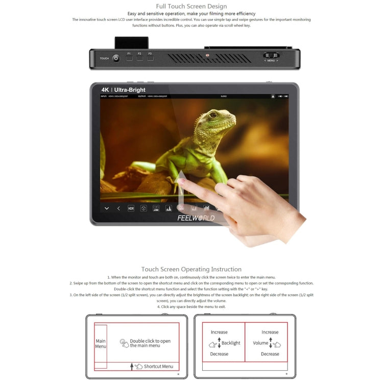 FEELWORLD LUT11S Monitor da campo per fotocamera DSLR touch screen ultra luminoso da 10,1 pollici 2000nit, pannello IPS 3G-SDI 4K HDMI Input Output 1920 x 1200, LUT11S