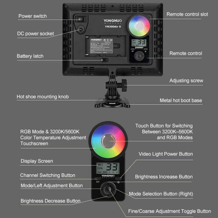 Pannello luminoso a LED YONGNUO YN300Air II per vlog, RGB, gamma completa, bicolore, 3200K-5600K., YN300Air II