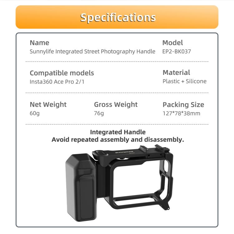 Impugnatura ergonomica Sunnylife per fotografia di strada, con sgancio rapido per Insta360 Ace Pro 2/1, EP2-BK037 For Insta360 Ace Pro 2 / 1