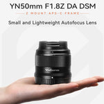 Obiettivo YONGNUO YN50MM F1.8Z DA DSM con autofocus per fotocamere mirrorless Nikon con attacco Z, formato APS-C., YN50mm F1.8Z