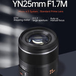 Obiettivo YONGNUO YN25mm F1.7M STM con attacco M4/3 per Panasonic / Olympus, YN25mm F1.7M