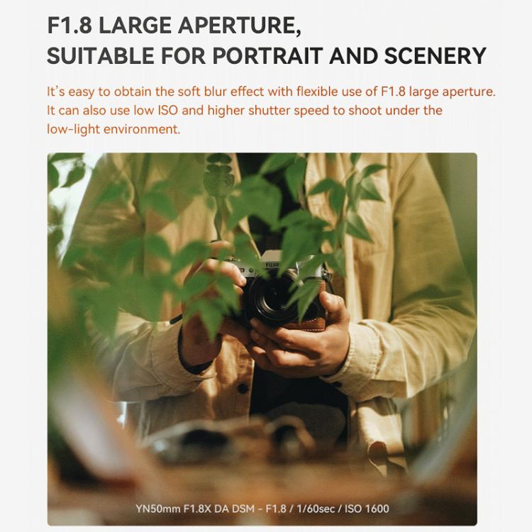 Obiettivo a focale fissa standard YONGNUO YN50mm F1.8X DA DSM per fotocamere mirrorless con attacco FUJIFILM X-mount su sensore APS-C., YN50mm F1.8X DA DSM
