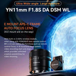 Obiettivo grandangolare YONGNUO YN11mm F1.8S DA DSM WL per sensori APS-C con telecomando, compatibile con fotocamere Sony con attacco E., YN11mm F1.8S DA DSM WL
