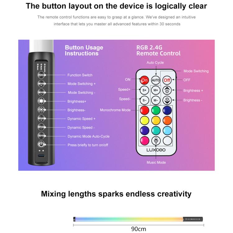 LUXCeO Mood1 Pro 90cm RGB Colorful Atmosphere Rhythm LED Stick Handheld Video Photo Fill Light, No Treppied, 90cm