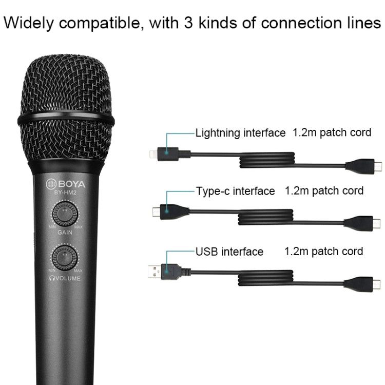 BOYA BY-HM2 Microfono a condensatore portatile professionale Porta per cuffie da 3,5 mm con interfaccia 8 pin / Tipo C / USB Cavo di prolunga da 1,2 m e supporto, BY-HM2