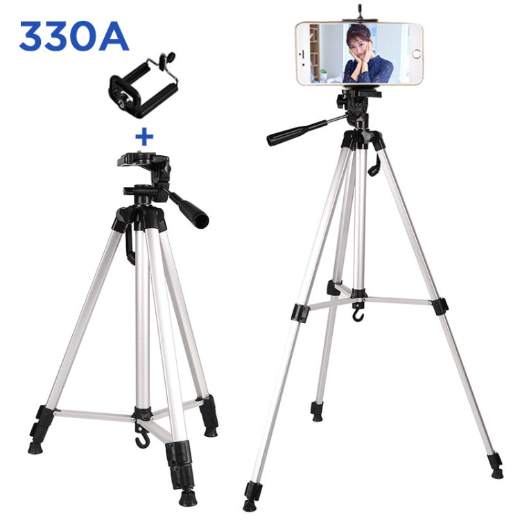 Treppiede per trasmissione dal vivo Gambe pieghevoli a 3 sezioni Supporto per treppiede in lega di alluminio con testa tridimensionale a forma di U e morsetto per telefono per DSLR e fotocamera digitale, altezza regolabile: 47,5-133 cm, 330A