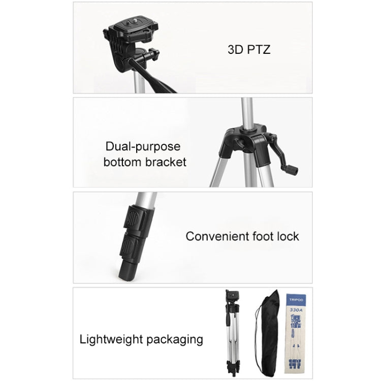 Treppiede per trasmissione dal vivo Gambe pieghevoli a 3 sezioni Supporto per treppiede in lega di alluminio con testa tridimensionale a forma di U e morsetto per telefono per DSLR e fotocamera digitale, altezza regolabile: 47,5-133 cm, 330A