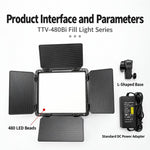 TRIOPO TTV-480Bi 48W 2700-6500K Bi-Color 480 LEDs Video Fill Light, TTV-480Bi (EU Plug), TTV-480Bi (US Plug)