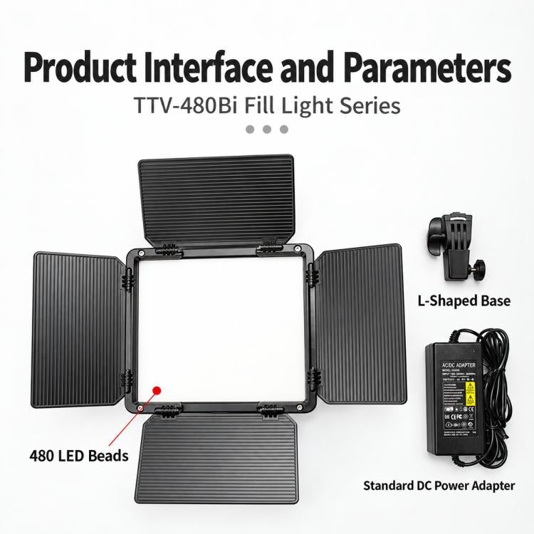 TRIOPO TTV-480Bi 48W 2700-6500K Bi-Color 480 LEDs Video Fill Light, TTV-480Bi (EU Plug), TTV-480Bi (US Plug)