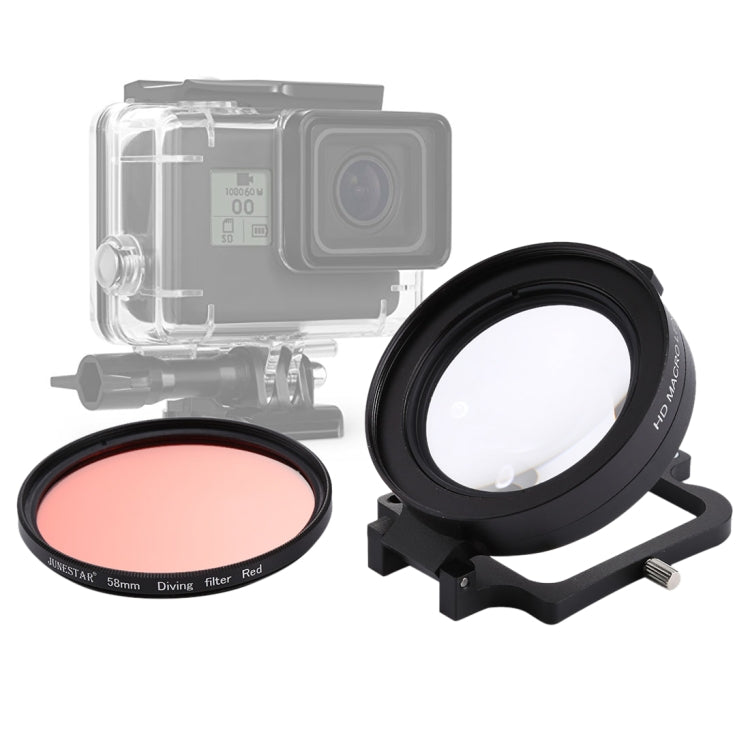 Obiettivo macro 16X da 58 mm + filtro per obiettivo rosso per immersione con copriobiettivo + adattatore per anello filtro obiettivo + cordino + panno per la pulizia per custodia da immersione GoPro HERO6 /5, For HERO6 /5