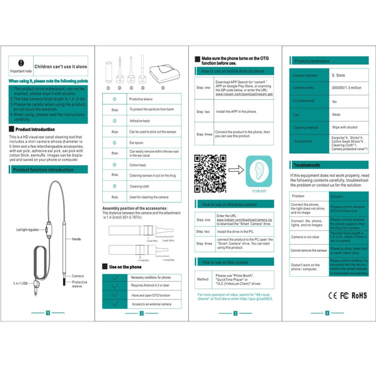 Periscopio endoscopio endoscopio visivo Eardrop i98 HD da 1,3 MP con 6 LED, diametro lente: 5,5 mm, lunghezza: 2 m