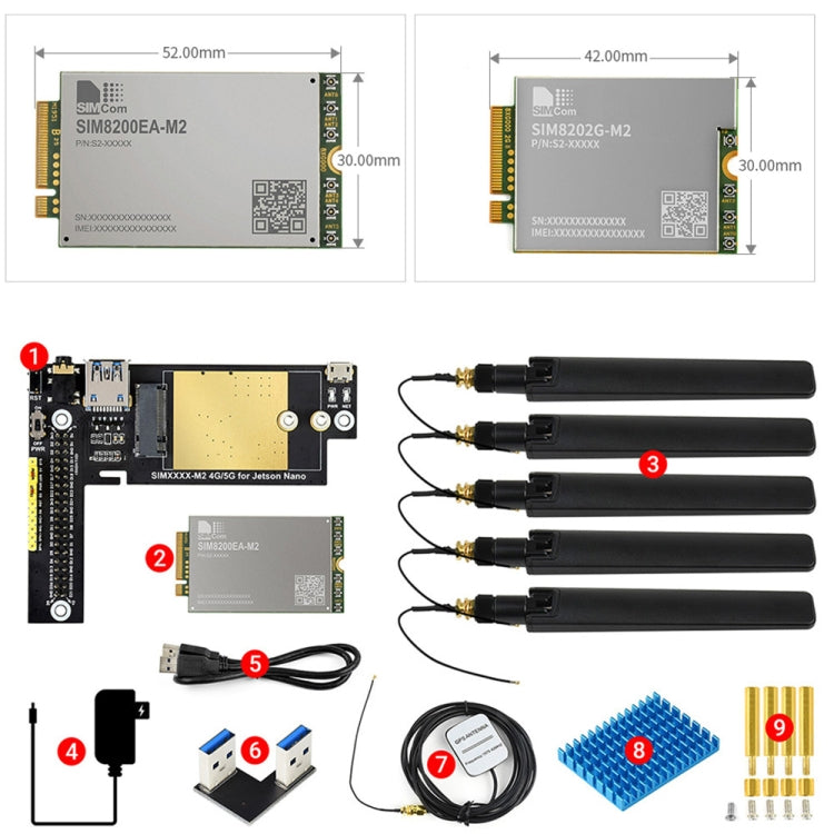 Waveshare SIM8200EA-M2 5G Snapdragon X55 Multi Mode Multi Band 5G/4G/3G Modulo Espandi Scheda per Jetson Nano, Spina UE, SIM8200EA-M2 EU Plug