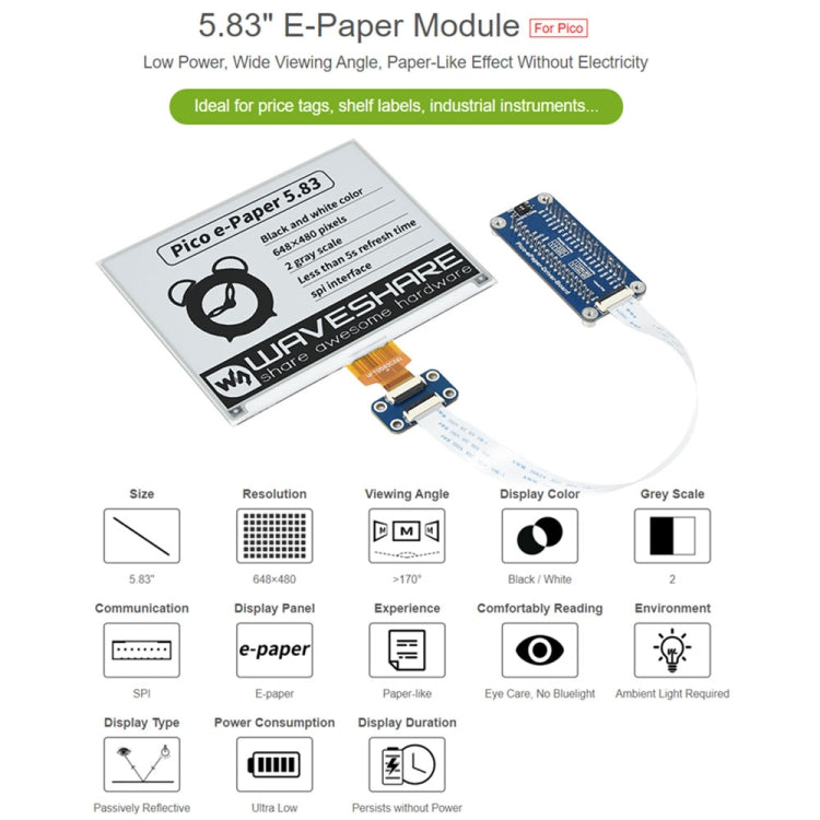 Waveshare 5.83 inch 648x480 Pixel E-Ink E-Paper Display Module Black and White for Raspberry Pi Pico, SPI Interface, 20126