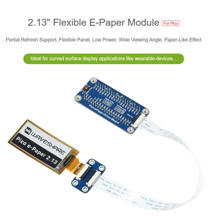 Waveshare 2.13 inch 212 x 104 Pixels Flexible E-Ink E-Paper Display Module Black/White for Raspberry Pi Pico, SPI Interface, 20124