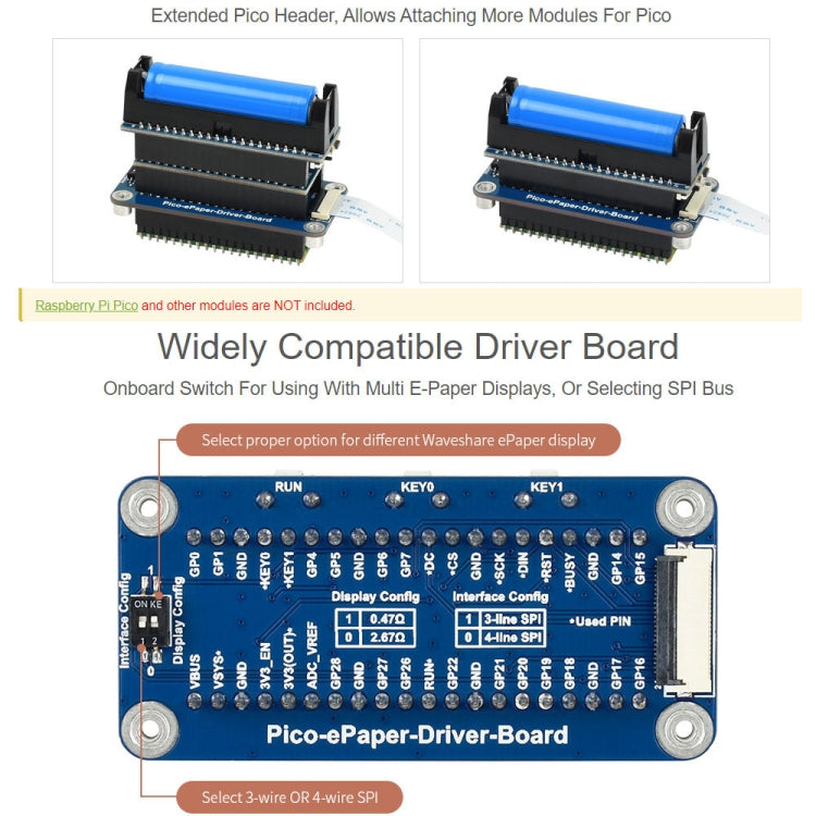 Waveshare 2.13 inch 212 x 104 Pixels Flexible E-Ink E-Paper Display Module Black/White for Raspberry Pi Pico, SPI Interface, 20124