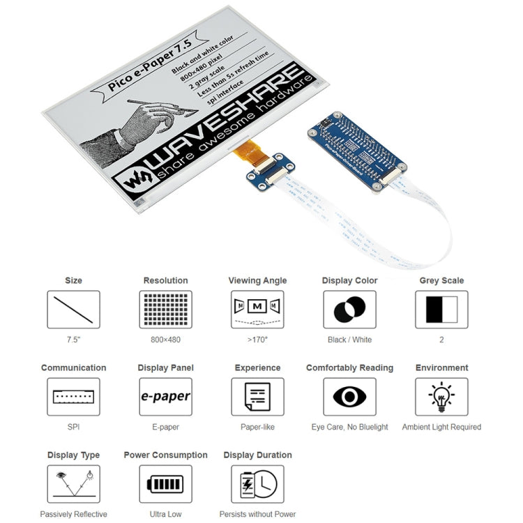 Waveshare 7.5 inch 800x480 pixels E-Paper E-Ink Display Module Black and White for Raspberry Pi Pico, SPI Interface, 20128