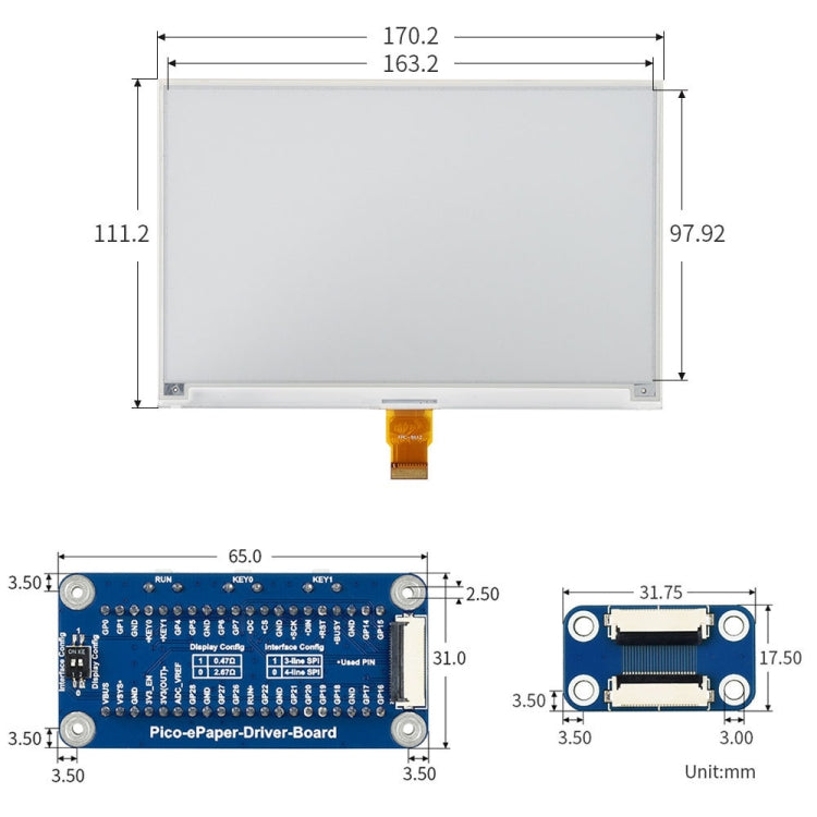 Waveshare 7.5 inch 800x480 pixels E-Paper E-Ink Display Module Black and White for Raspberry Pi Pico, SPI Interface, 20128