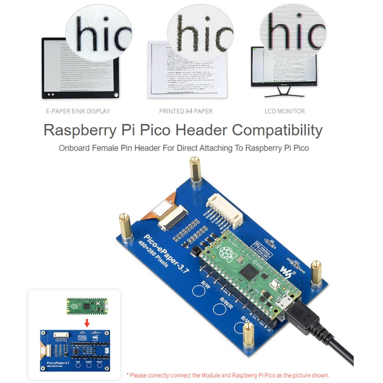 Waveshare 3.7 inch 480x280 Pixel E-Ink E-Paper Display Module for Raspberry Pi Pico, 4 Grayscales, SPI Interface, 20123